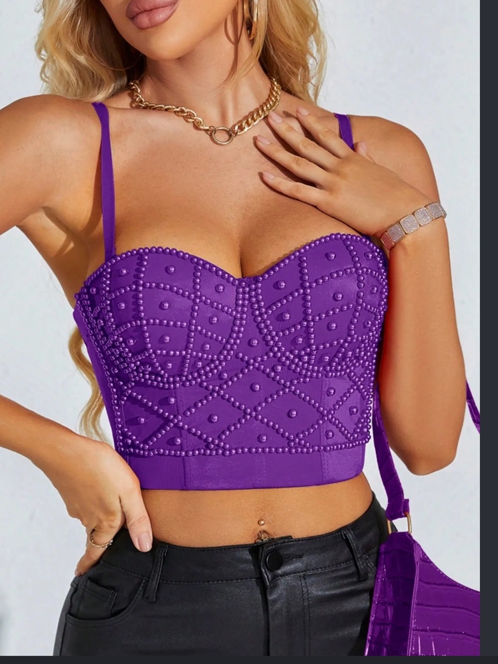 Purple Heavily Beaded Bustier Spaghetti Strap Sexy Corset Crop Top NWOT XS/34B